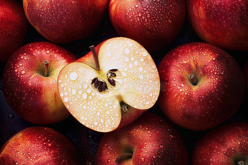 Las manzanas rojas saltan del agua sobre el fondo de las manzanas con gotas de agua. fotos de archivo