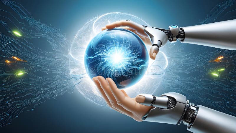 Las mentes de los humanos y los ai que se fusionan a través de los datos globales y las redes digitales libre illustration