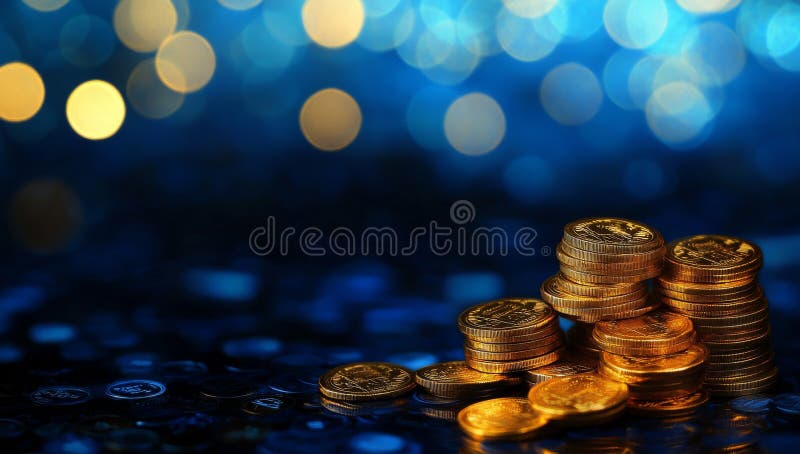 Las monedas de oro apiladas se utilizan en los mercados digitales para la gestión de la riqueza imagen de archivo libre de regalías