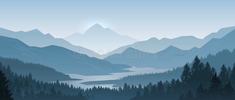 Las montañas realistas ajardinan Panorama de madera de la mañana, árboles de pino y siluetas de las montañas Vector Forest Backgr libre illustration