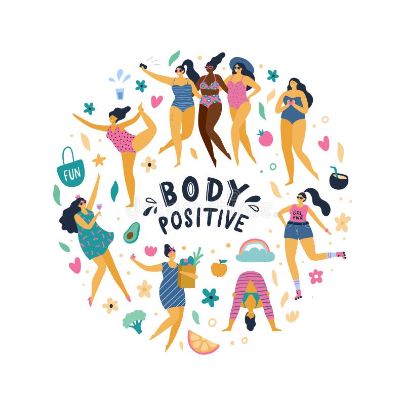 Las muchachas positivas del cuerpo feliz disfrutan de vida libre illustration Las muchachas positivas del cuerpo feliz disfrutan de vida libre illustration