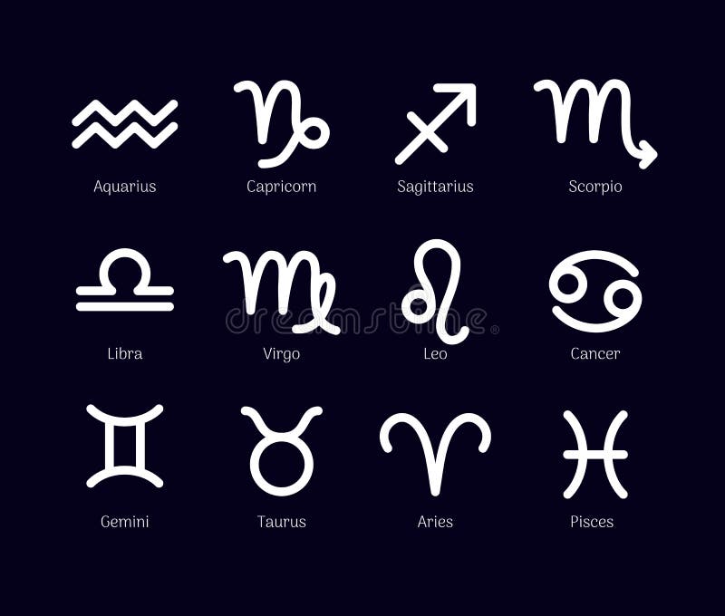 Las muestras del zodiaco fijaron aislado en fondo negro ilustración del vector Las muestras del zodiaco fijaron aislado en fondo negro ilustración del vector