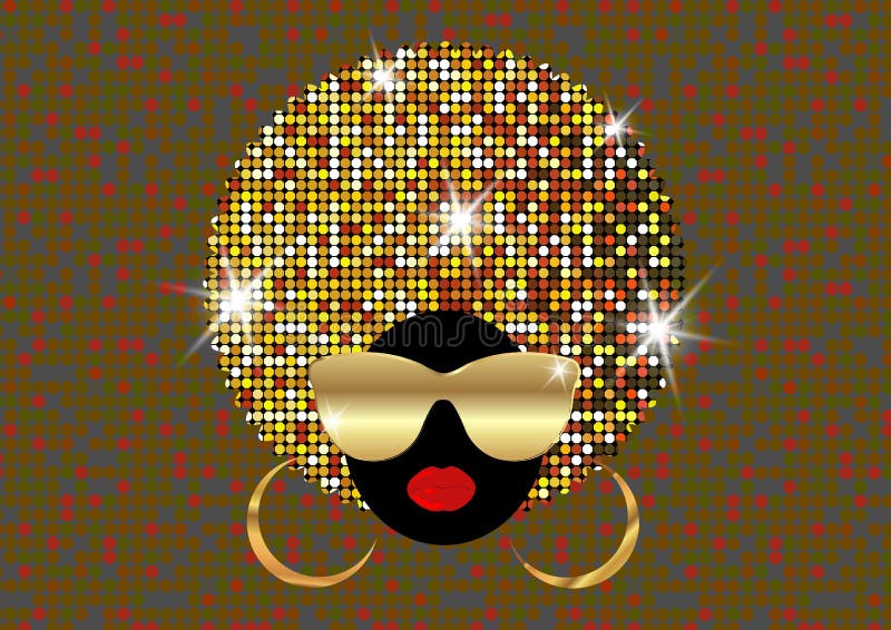 Las mujeres africanas del retrato, la cara femenina de la piel oscura con afro brillante del pelo y el oro metal las gafas de sol libre illustration Las mujeres africanas del retrato, la cara femenina de la piel oscura con afro brillante del pelo y el oro metal las gafas de sol libre illustration