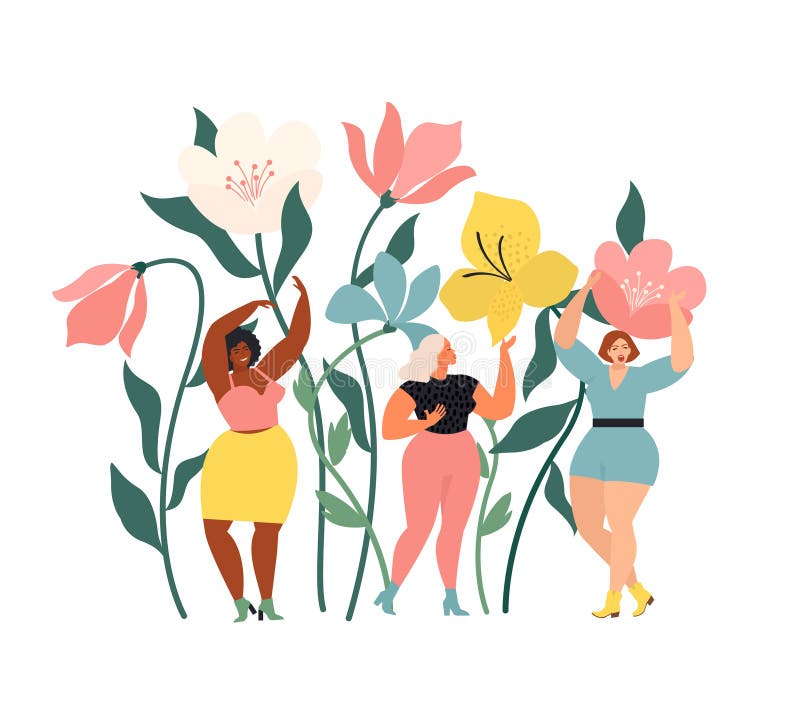 Las mujeres de diferentes etnias se preguntan por las enormes flores salvajes de primavera Día Internacional de la Mujer