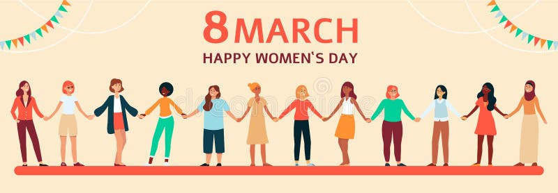 Las mujeres diversas colocan y llevan a cabo las manos, bandera plana femenina horizontal con texto el 8 de marzo libre illustration Las mujeres diversas colocan y llevan a cabo las manos, bandera plana femenina horizontal con texto el 8 de marzo libre illustration