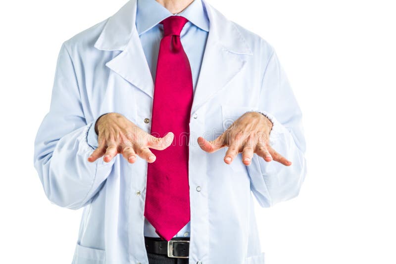 Caucasian male doctor dressed in white coat, blue shirt and red tie is making palms down gesture to point out certainty of what is said. Caucasian male doctor dressed in white coat, blue shirt and red tie is making palms down gesture to point out certainty of what is said