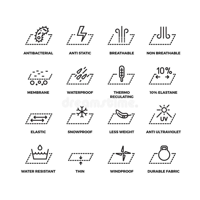 Las propiedades de la materia textil de la tela enrarecen la línea iconos del vector stock de ilustración Las propiedades de la materia textil de la tela enrarecen la línea iconos del vector stock de ilustración