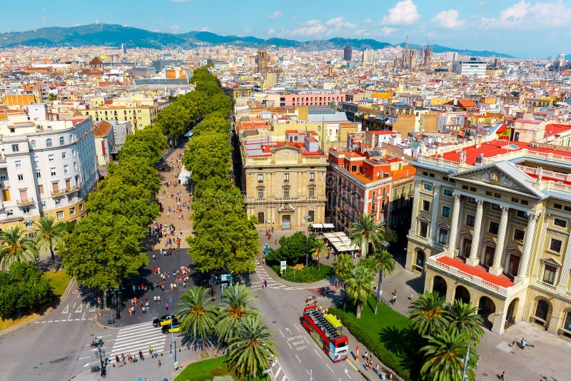 Aerial view over La Rambla from Christopher Columbus monument, with quarters of El Raval to the left and Barri Gotic to the right in Barcelona, Catalonia, Spain. Aerial view over La Rambla from Christopher Columbus monument, with quarters of El Raval to the left and Barri Gotic to the right in Barcelona, Catalonia, Spain