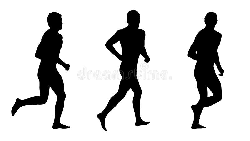 Young man running barefooted in diving suit silhouettes set. Young man running barefooted in diving suit silhouettes set