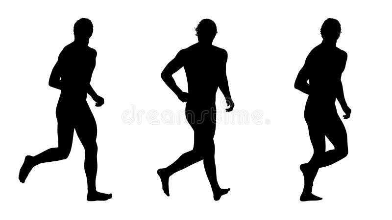 Young man running barefooted in diving suit silhouettes set. Young man running barefooted in diving suit silhouettes set