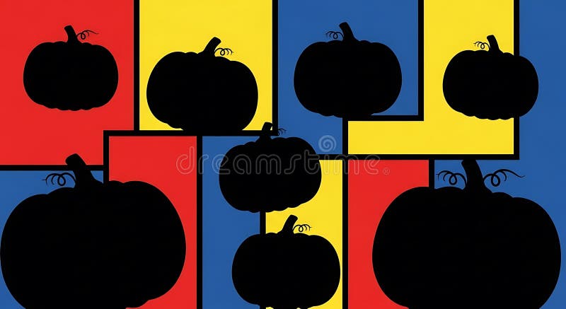 Las siluetas negras de calabaza se organizan sobre un fondo geométrico con stock de ilustración