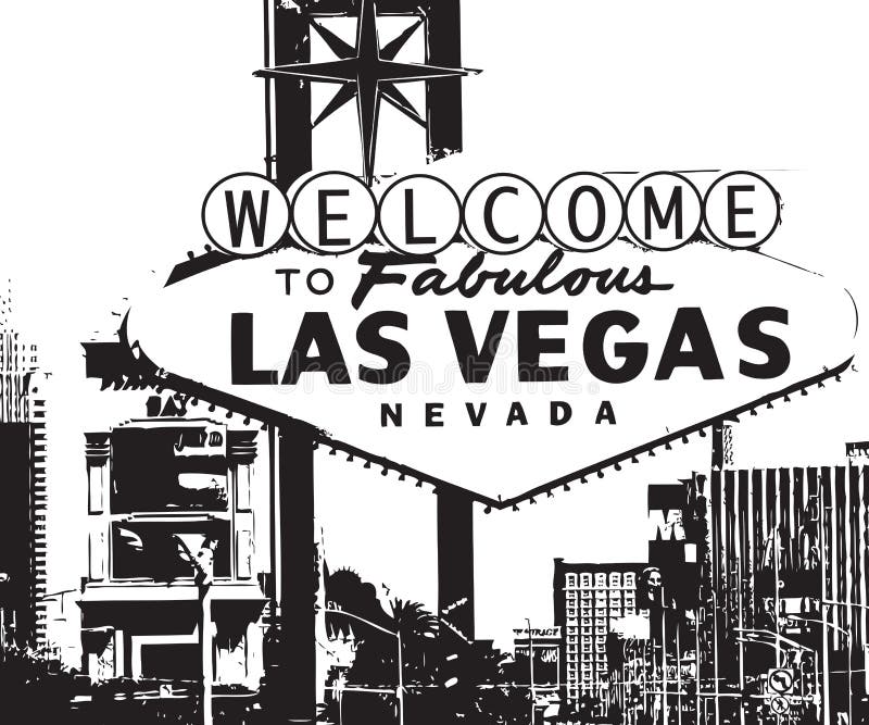 An illustration showing the words Welcome to Fabulous Las Vegas Nevada on the city background in a retro black and white grunge style. Poker black white illustrations