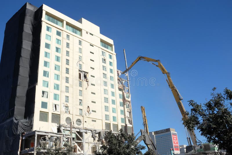 LAS VEGAS - DECEMBER 7, 2017: The Las Vegas Club Hotel and Casino demolition. The buildings are being razed to make room for a new Hotel Casino project