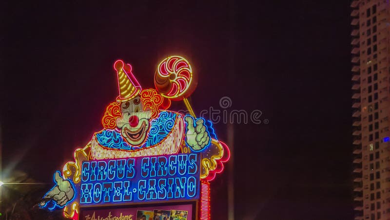 Large neon sign of Circus Circus hotel and casino resort at night on the Las Vegas strip Boulevard in the gambling city of Las Vegas, Nevada, USA. Nightlife, party, fun and no limits. Large neon sign of Circus Circus hotel and casino resort at night on the Las Vegas strip Boulevard in the gambling city of Las Vegas, Nevada, USA. Nightlife, party, fun and no limits