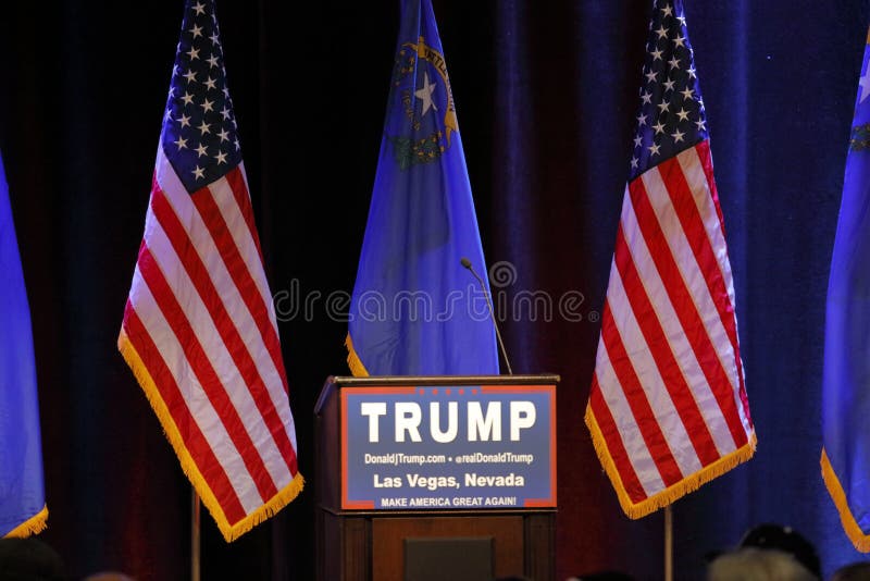 LAS VEGAS NEVADA, DECEMBER 14, 2015: Republican presidential candidate Donald Trump empty podium at campaign event at Westgate Las royalty free stock images LAS VEGAS NEVADA, DECEMBER 14, 2015: Republican presidential candidate Donald Trump empty podium at campaign event at Westgate Las royalty free stock images