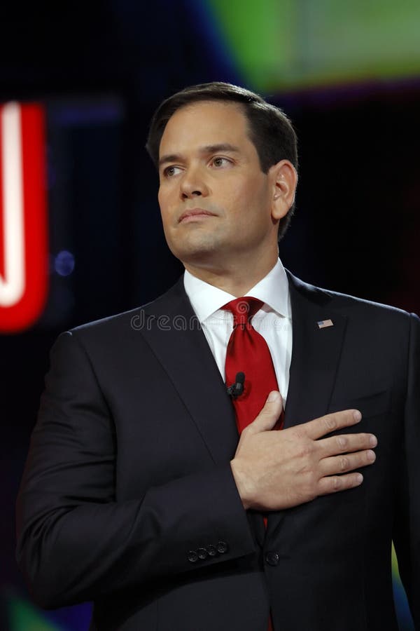 LAS VEGAS, NV - DECEMBER 15: Republican presidential candidate US Senator Marco Rubio holds hand over heart at CNN republican pres stock photography LAS VEGAS, NV - DECEMBER 15: Republican presidential candidate US Senator Marco Rubio holds hand over heart at CNN republican pres stock photography