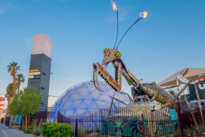 LAS VEGAS, NV - NOVEMBER 21, 2016: Giant Praying Mantis Sculpture in front of Container park in Downtown Las Vegas the