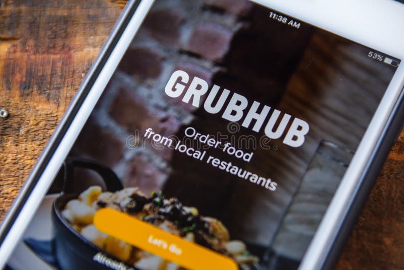 LAS VEGAS, NV - September 22. 2016 - Grubhub App On Apple iPhone Screen. Splash Screen Display. Selective Focus. Digital editorial stock images, royalty-free photos and pictures