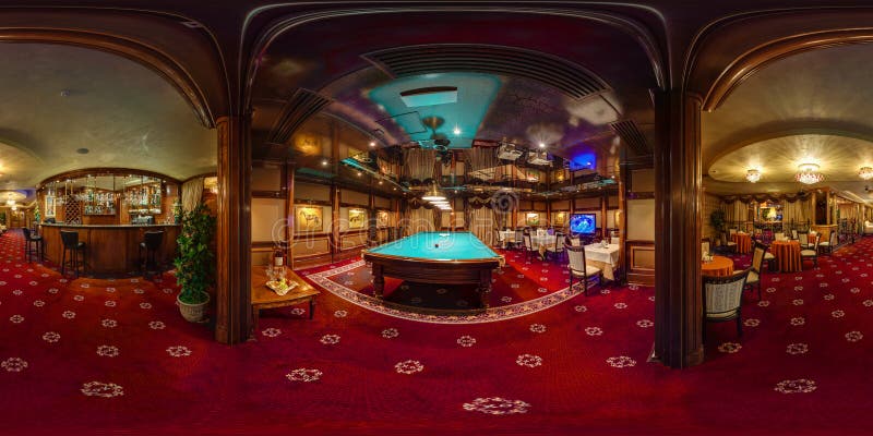 LAS VEGAS, USA - MAY, 2017: full seamless hdri panorama 360 degrees angle view in interior elite luxury vip casino with billiard table in red style in equirectangular spherical projection. VR content