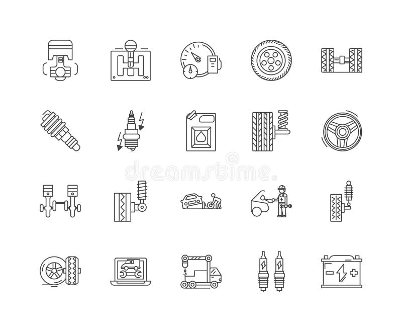 Las ventas de las piezas de autom?vil alinean los iconos, muestras, sistema del vector, concepto del ejemplo del esquema stock de ilustración Las ventas de las piezas de autom?vil alinean los iconos, muestras, sistema del vector, concepto del ejemplo del esquema stock de ilustración