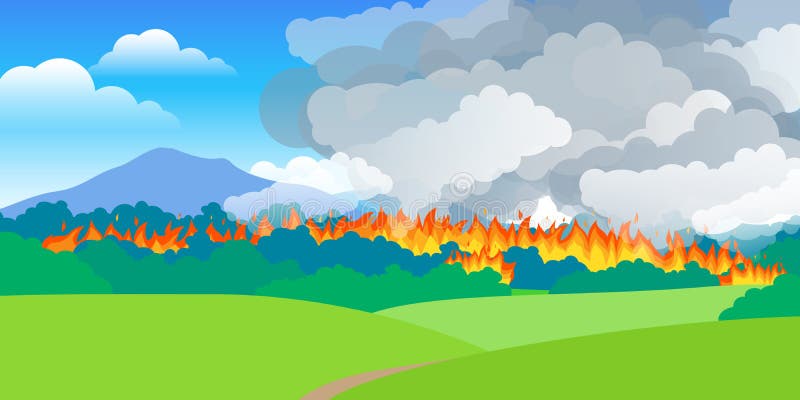 Las w ogniu płonący drzewa i krzewy chmury dymu. Las w ogniu płonący drzewa i krzewy chmury ilustracji wektora dymu