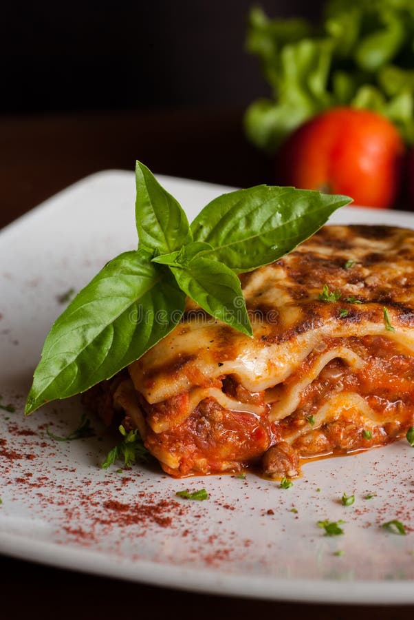 Lasagna on a Square White Plate Stock Photo Image of dinner, detail