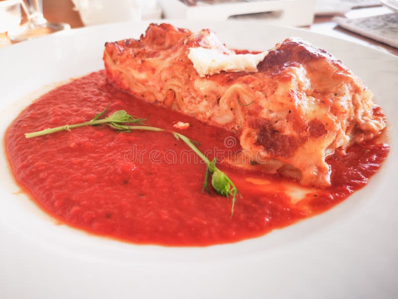 Lasagner i tomatsås Smakliga läckra italienska maträttlasagner med tomatsås och gräddost med grön salat Mat som är smaklig arkivfoto Lasagner i tomatsås Smakliga läckra italienska maträttlasagner med tomatsås och gräddost med grön salat Mat som är smaklig arkivfoto