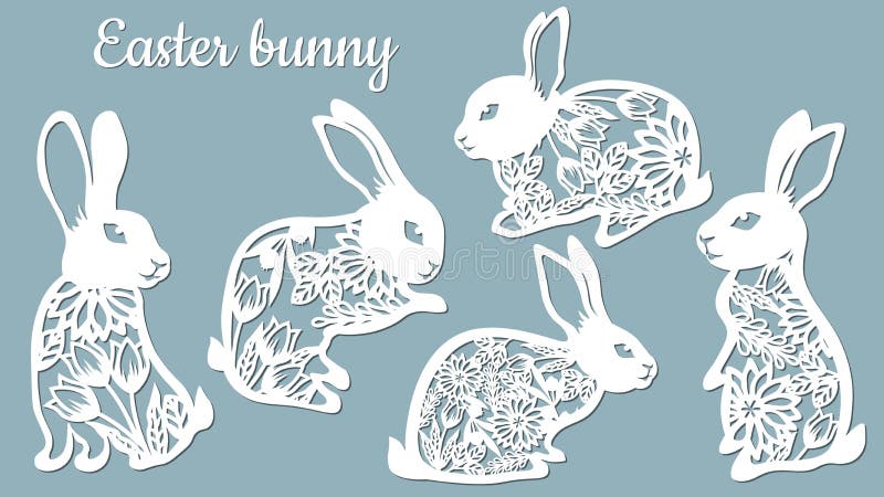 Laser cut Easter bunny rabbit. Floral fancy hare with laser cut pattern for die cutting. Laser cutting rabbit template