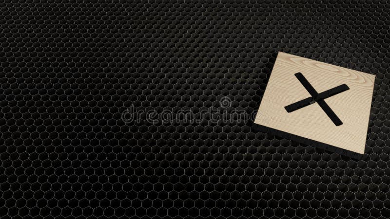 laser cut plywood 3d symbol of cancel cross in square render on metal honeycomb inside laser engraving machine background. laser cut plywood 3d symbol of cancel cross in square render on metal honeycomb inside laser engraving machine background