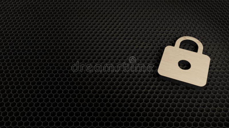 laser cut plywood 3d symbol of padlock render on metal honeycomb inside laser engraving machine background. laser cut plywood 3d symbol of padlock render on metal honeycomb inside laser engraving machine background