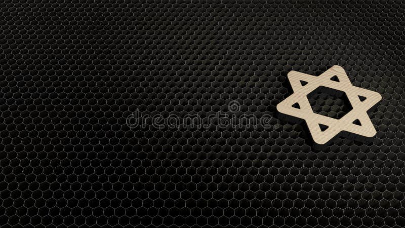 laser cut plywood 3d symbol of star of David render on metal honeycomb inside laser engraving machine background. laser cut plywood 3d symbol of star of David render on metal honeycomb inside laser engraving machine background