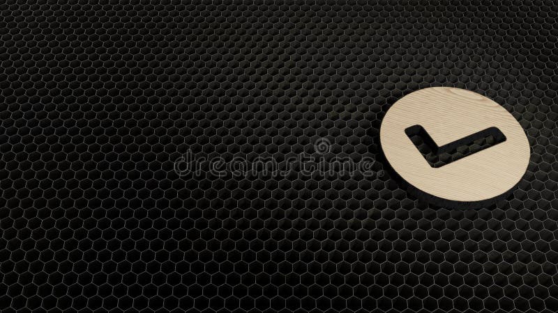 laser cut plywood 3d symbol of check mark in circle render on metal honeycomb inside laser engraving machine background. laser cut plywood 3d symbol of check mark in circle render on metal honeycomb inside laser engraving machine background