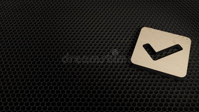 laser cut plywood 3d symbol of check mark in rounded square render on metal honeycomb inside laser engraving machine background. laser cut plywood 3d symbol of check mark in rounded square render on metal honeycomb inside laser engraving machine background