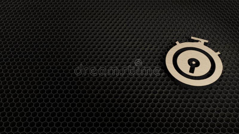 laser cut plywood 3d symbol of circular chronometer render on metal honeycomb inside laser engraving machine background. laser cut plywood 3d symbol of circular chronometer render on metal honeycomb inside laser engraving machine background