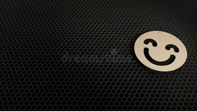 laser cut plywood 3d symbol of happy emoticon  render on metal honeycomb inside laser engraving machine background. laser cut plywood 3d symbol of happy emoticon  render on metal honeycomb inside laser engraving machine background