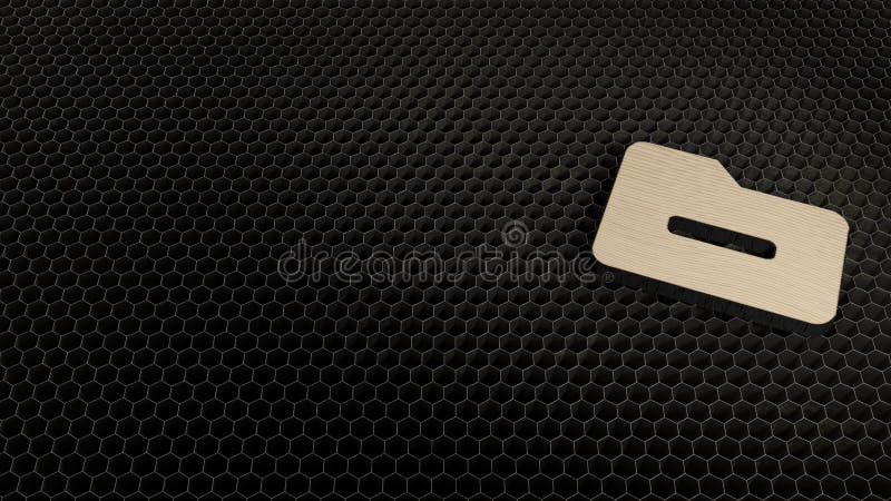 laser cut plywood 3d symbol of office folder with minus symbol render on metal honeycomb inside laser engraving machine background. laser cut plywood 3d symbol of office folder with minus symbol render on metal honeycomb inside laser engraving machine background