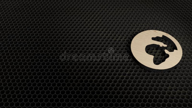 laser cut plywood 3d symbol of globe with Africa continent render on metal honeycomb inside laser engraving machine background. laser cut plywood 3d symbol of globe with Africa continent render on metal honeycomb inside laser engraving machine background