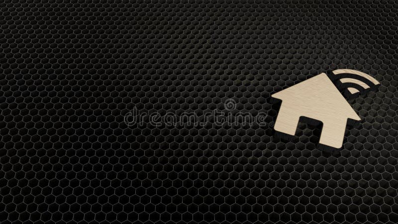 laser cut plywood 3d symbol of house with signal wi-fi render on metal honeycomb inside laser engraving machine background. laser cut plywood 3d symbol of house with signal wi-fi render on metal honeycomb inside laser engraving machine background