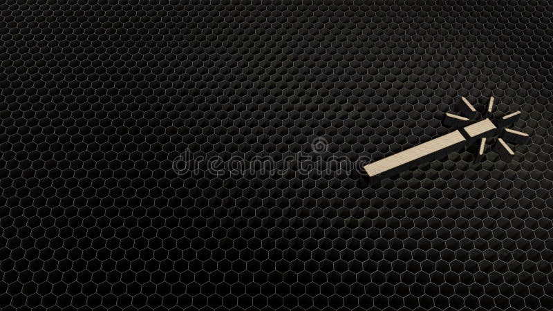 laser cut plywood 3d symbol of magic wand render on metal honeycomb inside laser engraving machine background. laser cut plywood 3d symbol of magic wand render on metal honeycomb inside laser engraving machine background