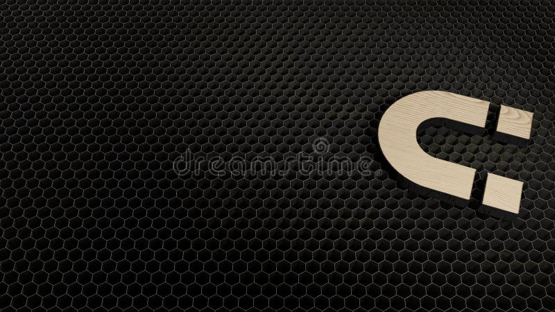 laser cut plywood 3d symbol of horseshoe magnet render on metal honeycomb inside laser engraving machine background. laser cut plywood 3d symbol of horseshoe magnet render on metal honeycomb inside laser engraving machine background