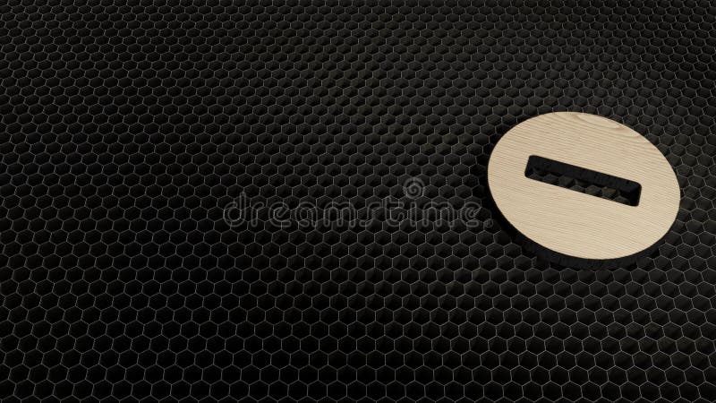 laser cut plywood 3d symbol of bold minus symbol in circle render on metal honeycomb inside laser engraving machine background. laser cut plywood 3d symbol of bold minus symbol in circle render on metal honeycomb inside laser engraving machine background