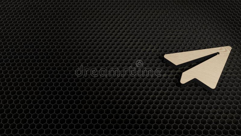 laser cut plywood 3d symbol of paper plane render on metal honeycomb inside laser engraving machine background. laser cut plywood 3d symbol of paper plane render on metal honeycomb inside laser engraving machine background