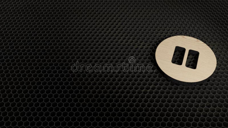 laser cut plywood 3d symbol of inverted pause symbol in circle render on metal honeycomb inside laser engraving machine background. laser cut plywood 3d symbol of inverted pause symbol in circle render on metal honeycomb inside laser engraving machine background