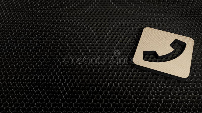 laser cut plywood 3d symbol of phone in rounded square render on metal honeycomb inside laser engraving machine background. laser cut plywood 3d symbol of phone in rounded square render on metal honeycomb inside laser engraving machine background