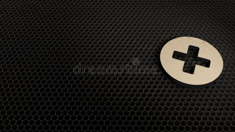 laser cut plywood 3d symbol of bold plus in circle render on metal honeycomb inside laser engraving machine background. laser cut plywood 3d symbol of bold plus in circle render on metal honeycomb inside laser engraving machine background