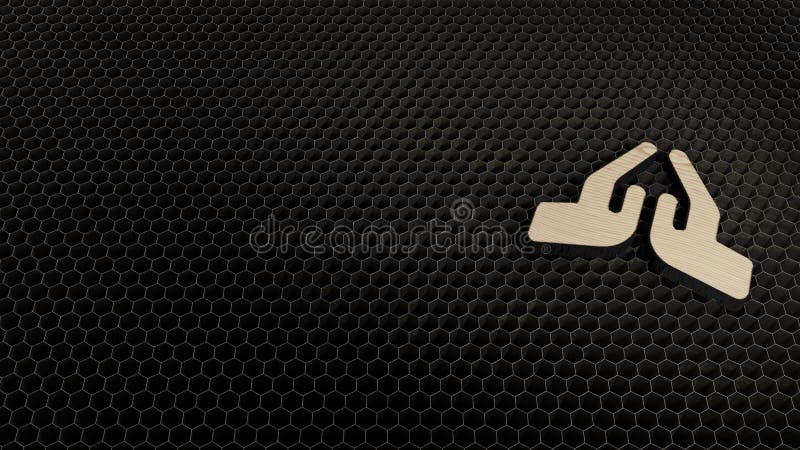 laser cut plywood 3d symbol of praying hands render on metal honeycomb inside laser engraving machine background. laser cut plywood 3d symbol of praying hands render on metal honeycomb inside laser engraving machine background