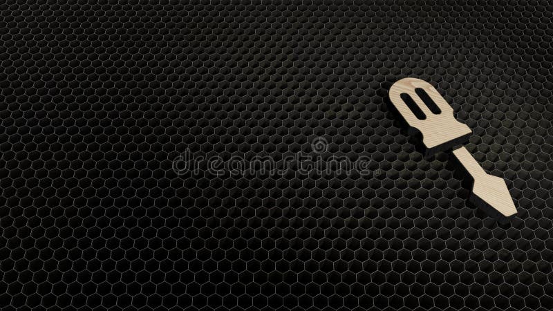 laser cut plywood 3d symbol of screwdriver render on metal honeycomb inside laser engraving machine background. laser cut plywood 3d symbol of screwdriver render on metal honeycomb inside laser engraving machine background