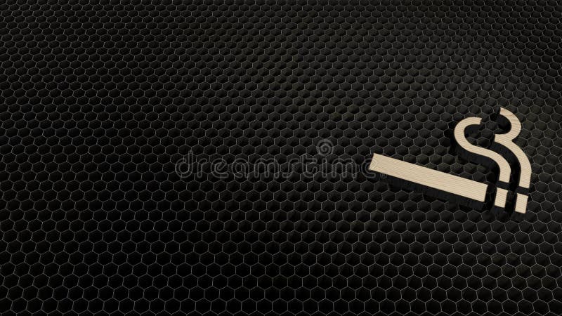 laser cut plywood 3d symbol of cigarette and smoke lines render on metal honeycomb inside laser engraving machine background. laser cut plywood 3d symbol of cigarette and smoke lines render on metal honeycomb inside laser engraving machine background