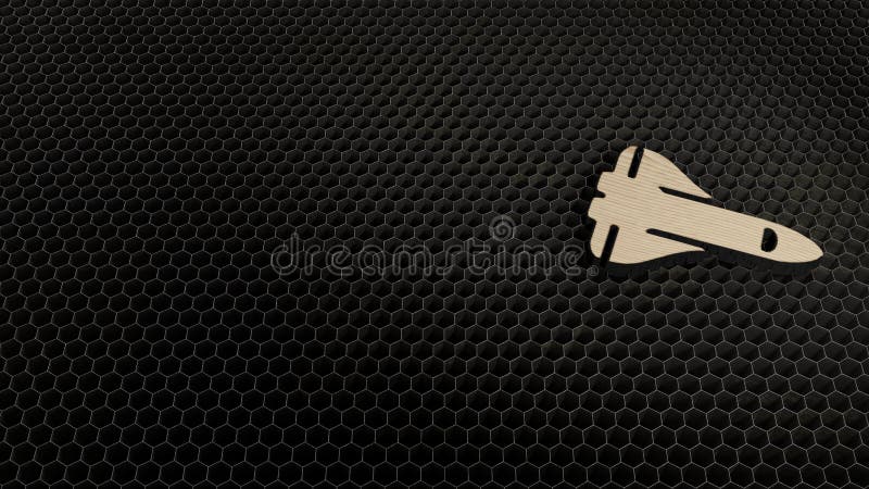 laser cut plywood 3d symbol of space shuttle render on metal honeycomb inside laser engraving machine background. laser cut plywood 3d symbol of space shuttle render on metal honeycomb inside laser engraving machine background
