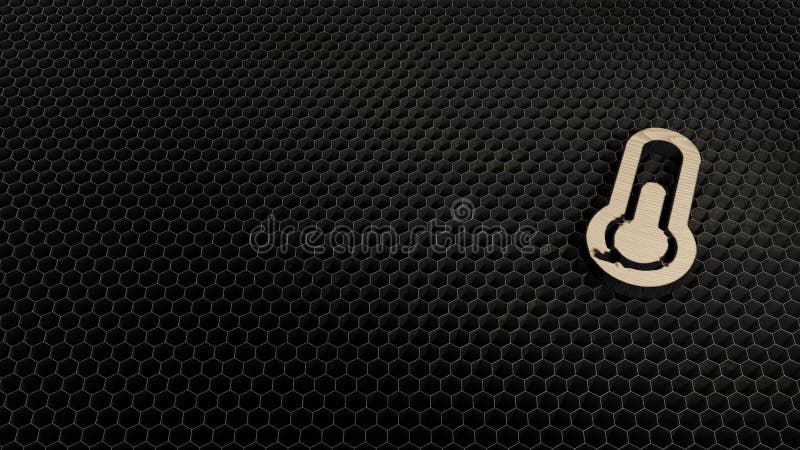 laser cut plywood 3d symbol of thermometer half render on metal honeycomb inside laser engraving machine background. laser cut plywood 3d symbol of thermometer half render on metal honeycomb inside laser engraving machine background